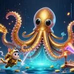 Experience thrilling underwater adventures with 888new as a colossal kraken and diving cat navigate a treasure-filled scene.