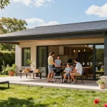 Freistehende Terrassenüberdachung im Garten mit Familie beim Grillen