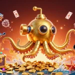 Engage with the exciting world of online gambling at o8, featuring a golden kraken submarine amidst colorful gaming elements.