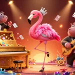 Experience thrilling gameplay with zbet in a vibrant casino scene featuring a flamingo singer and hippo bassist.
