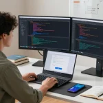 Experience the ultimate Telegram Download in a vibrant tech workspace with developers coding and collaborating on modern software.