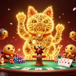 Win at bl555 with an engaging casino visual of a giant lucky cat and vibrant poker elements.