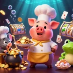 Engage in thrilling slots at Visit Here while enjoying a vibrant casino scene featuring characters and gold treasures.