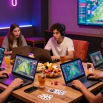 Group enjoying a lively gaming session on rikvip with laptops and snacks.
