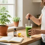 Ministry of Cannabis CBD oil in a wellness kitchen scene with smoothies and supplements.