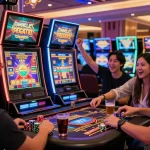 LUXURY777 Daftar: Pemain merayakan kemenangan di kasino modern, energi tinggi dan atmosfer berkilau.