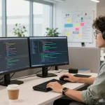 Software developer creating code at a modern workspace for teiegramin.com, showcasing a vibrant tech environment.