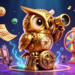 Engage in thrilling gaming at 33win with captivating visual of a vibrant casino scene filled with dynamic lottery elements and a golden owl mascot.